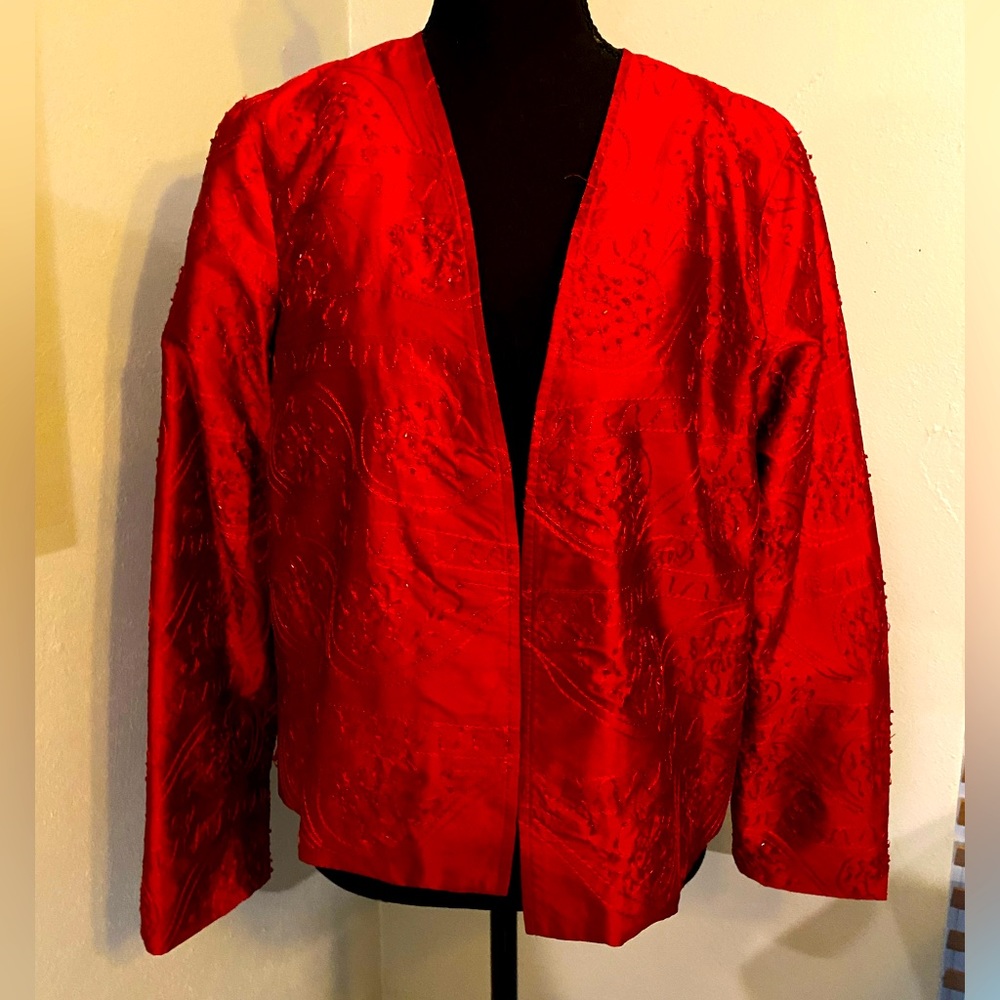 EUC MIRASOL Silk Beaded Jacket in Rich Red